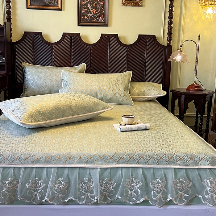 91家纺网 家纺一手货源 找家纺 麒豆豆 2025新款花边床笠款冰藤席-夏之语 豆青