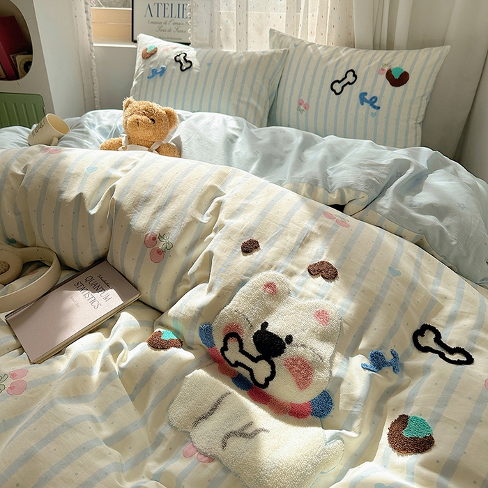 91家纺网 家纺一手货源 找家纺 澳梵家居 2025新款小清新全棉印花毛巾绣四件套 骨头小狗