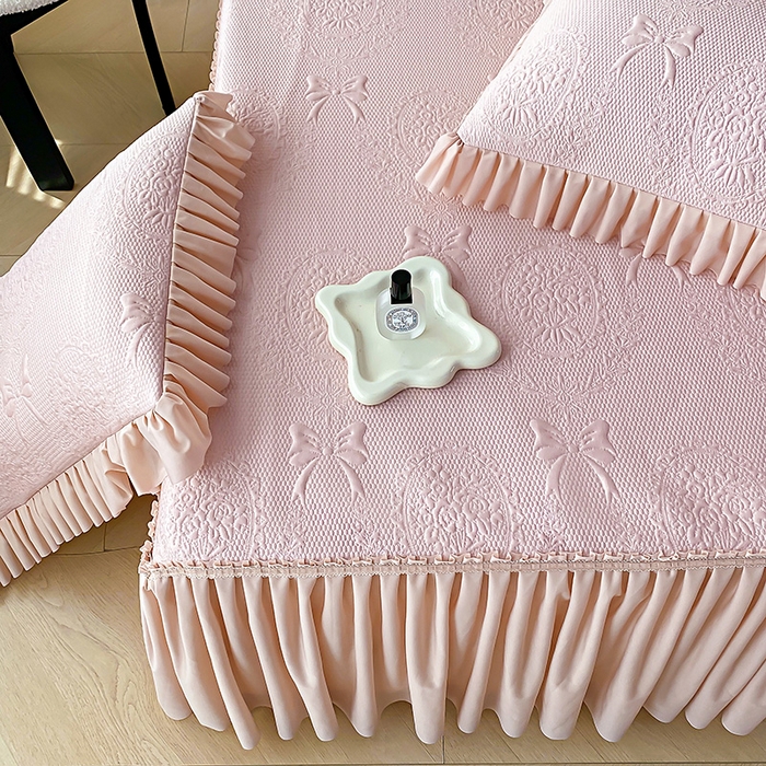 91家纺网 家纺一手货源 找家纺 2025新款复合三明治床裙款凉豆豆凉席三件套系列 约定-豆沙粉