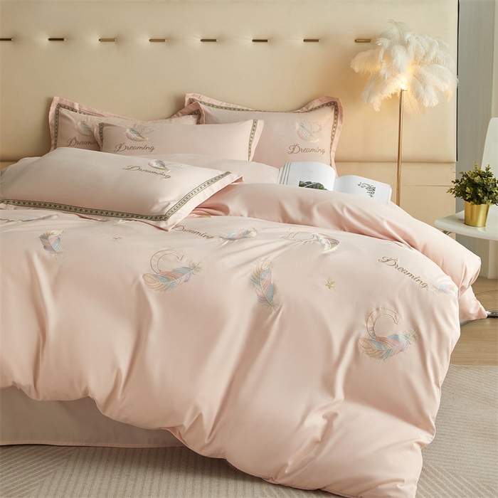 91家纺网 家纺一手货源 找家纺 佳宇轩 2025新款亲肤水洗棉刺绣四件套系列 蜜羽-嫩粉