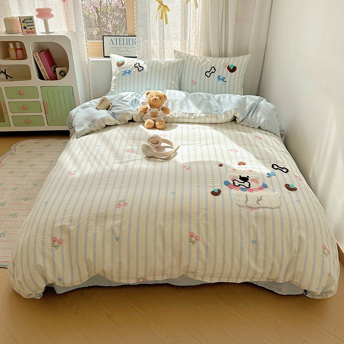 91家纺网 家纺一手货源 找家纺 澳梵家居 2025新款小清新全棉印花毛巾绣四件套 骨头小狗