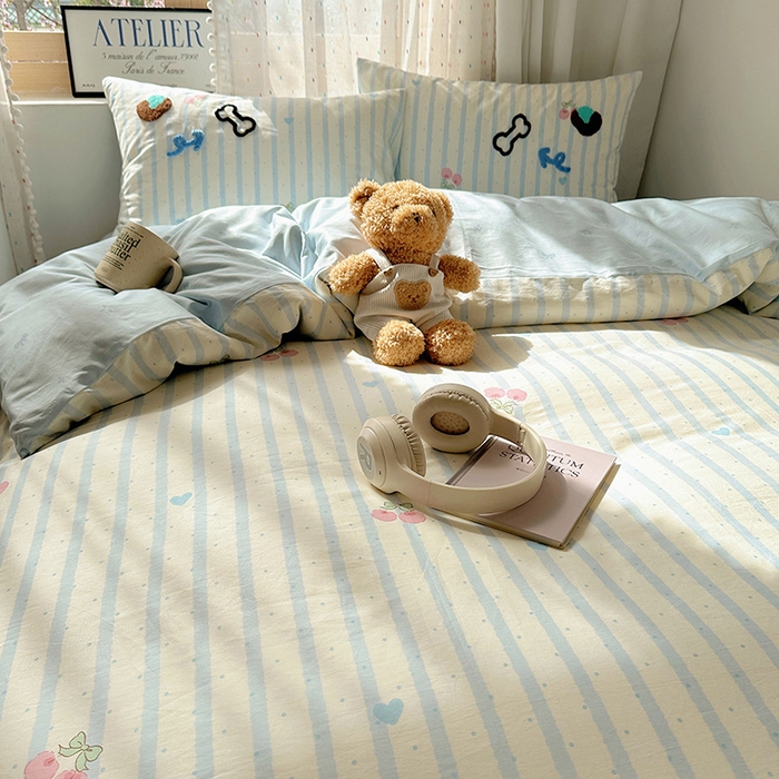 91家纺网 家纺一手货源 找家纺 澳梵家居 2025新款小清新全棉印花毛巾绣四件套 骨头小狗