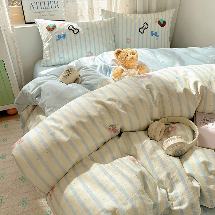 91家纺网 家纺一手货源 找家纺 澳梵家居 2025新款小清新全棉印花毛巾绣四件套 骨头小狗