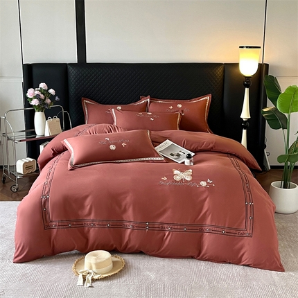 91家纺网 家纺一手货源 找家纺 佳宇轩 2025新款亲肤水洗棉刺绣四件套系列 蝶梦-酒红