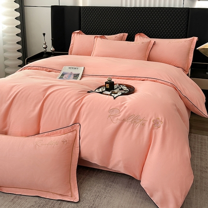 宇彬家纺 2025新款13374全棉母婴级压线一字绣宽边枕套纯色刺绣四件套贡缎新疆长绒字母款-R款 R款-玉颜粉