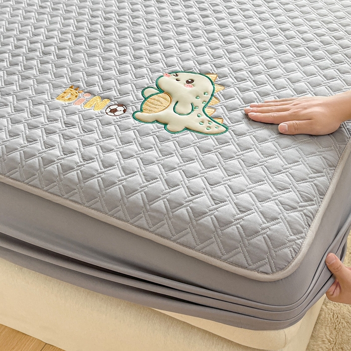 91家纺网 家纺一手货源 找家纺 万盛家纺 2025新款夹棉恐龙刺绣床笠 恐龙-菱形格 灰