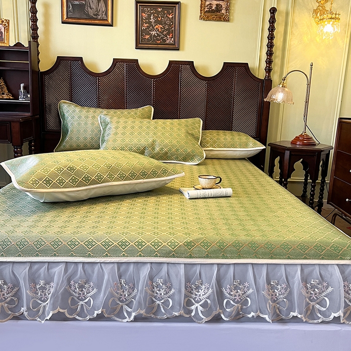 91家纺网 家纺一手货源 找家纺 麒豆豆 2025新款花边床笠款冰藤席-夏之语 葱绿