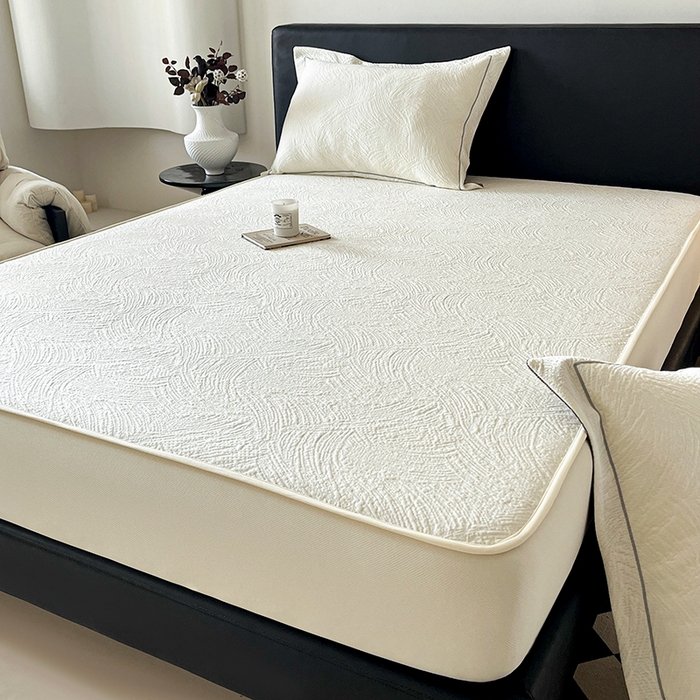 91家纺网 家纺一手货源 找家纺 蓝邻家纺 2025新款PE提花床笠凉席-涂鸦系列 涂鸦-米白