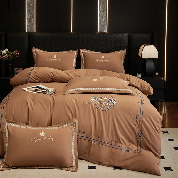 91家纺网 家纺一手货源 找家纺 佳宇轩 2025新款亲肤水洗棉刺绣四件套系列 简约时代-咖色