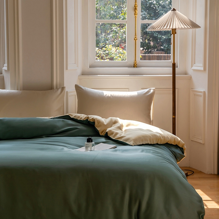 91家纺网 家纺一手货源 找家纺 咏绒家纺工厂店 2025新款60支奥地利兰精天丝单品系列--单被套 天青色-香槟金