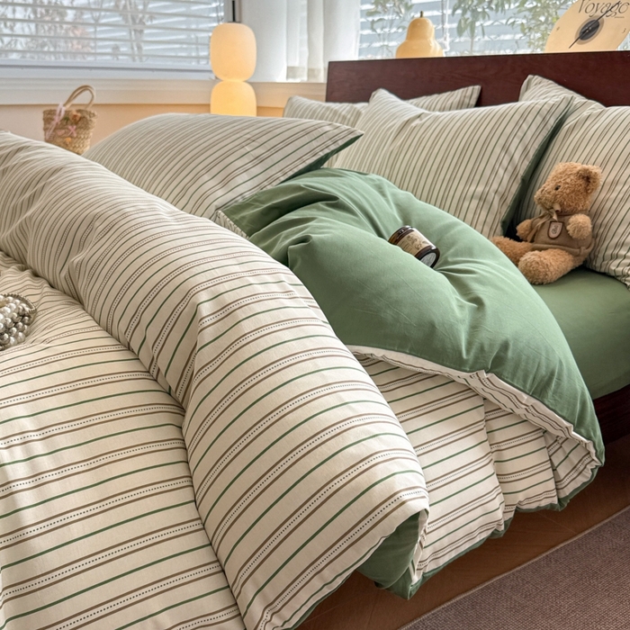 91家纺网 家纺一手货源 找家纺 呗旺鹿 2025新款学生季全棉纯棉40支跑量款巴恩风四件套 柏林绿