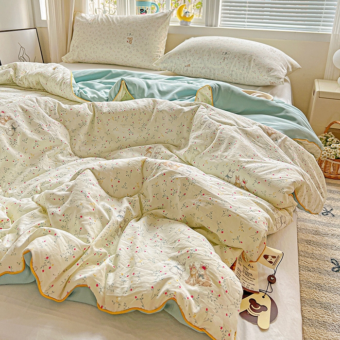 91家纺网 家纺一手货源 找家纺 玉海棠家纺 2025新款水洗皱皱纱印花夏被 被子被芯 单恋小兔