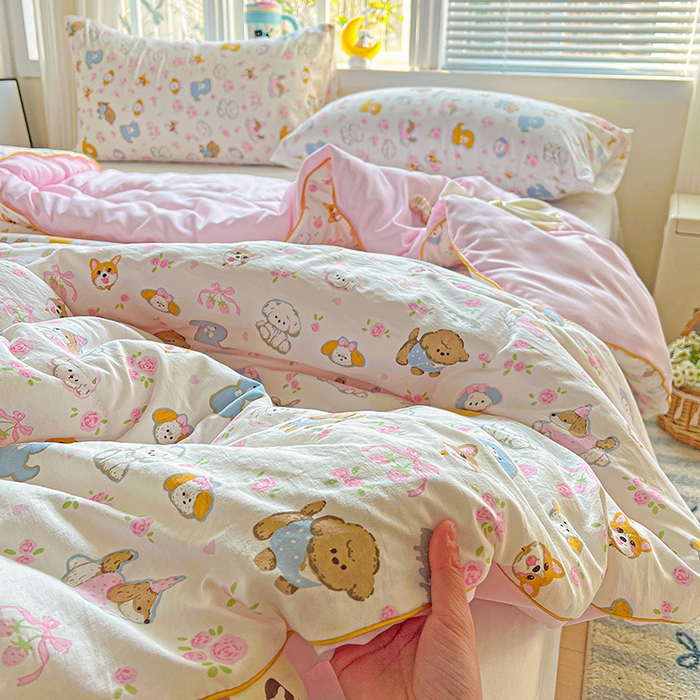 91家纺网 家纺一手货源 找家纺 玉海棠家纺 2025新款水洗皱皱纱印花夏被 被子被芯 灰蒙小狗