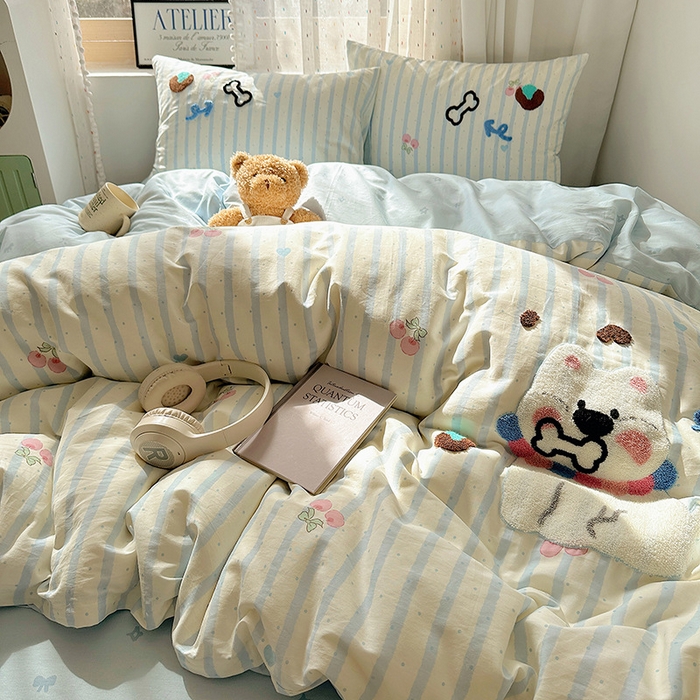 91家纺网 家纺一手货源 找家纺 澳梵家居 2025新款小清新全棉印花毛巾绣四件套 骨头小狗