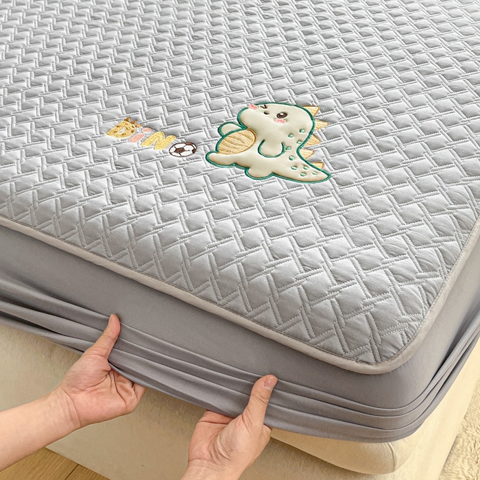 91家纺网 家纺一手货源 找家纺 万盛家纺 2025新款夹棉恐龙刺绣床笠 恐龙-菱形格 灰