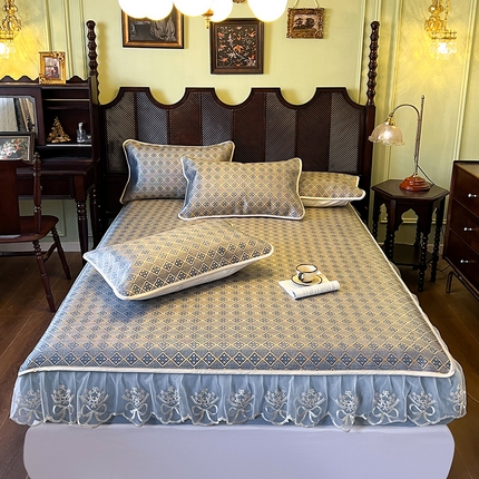 网红馆 2025新款花边冰藤席凉席-夏之语床笠款 花青