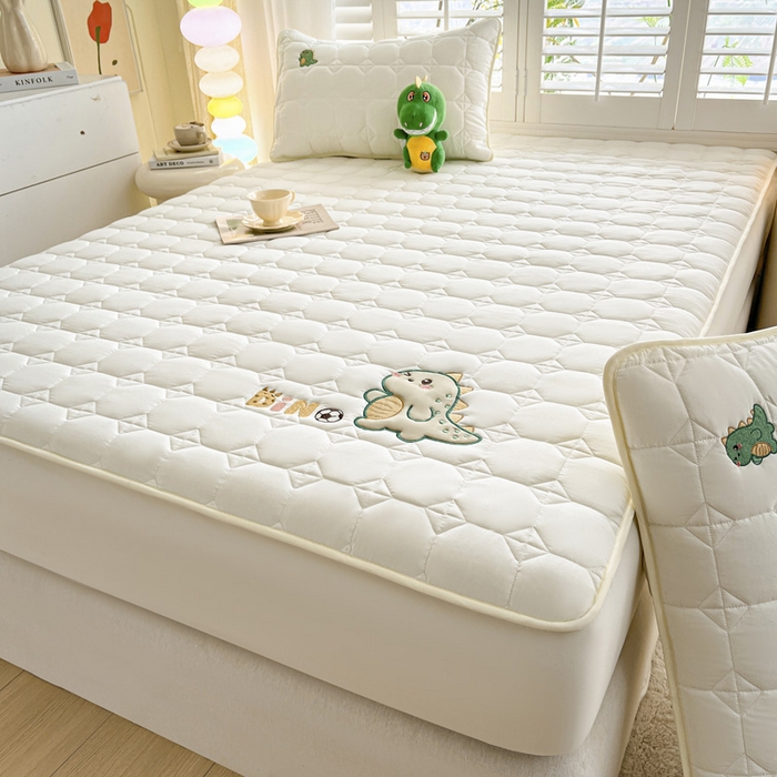 91家纺网 家纺一手货源 找家纺 万盛家纺 2025新款夹棉恐龙刺绣床笠 恐龙-方格  白