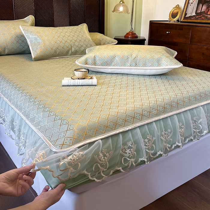 91家纺网 家纺一手货源 找家纺 麒豆豆 2025新款花边床笠款冰藤席-夏之语 豆青