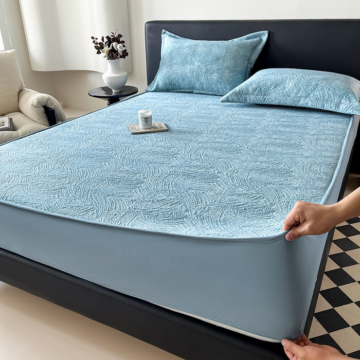 91家纺网 家纺一手货源 找家纺 蓝邻家纺 2025新款PE提花床笠凉席-涂鸦系列 涂鸦-蓝