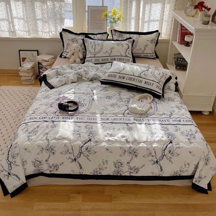 花伞家居 2025新款赫本高级感黑白系列花边夏被四件套 夏被-香奢竹