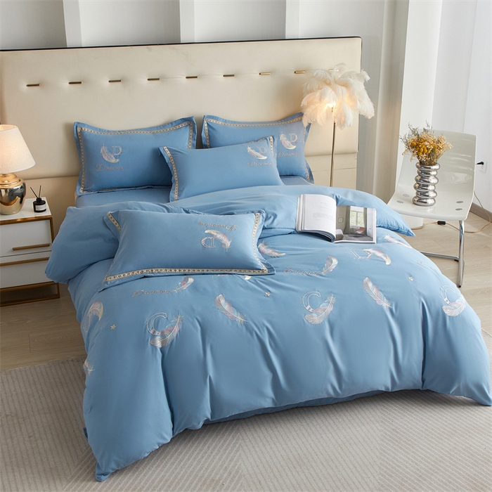 91家纺网 家纺一手货源 找家纺 佳宇轩 2025新款亲肤水洗棉刺绣四件套系列 蜜羽-湖蓝