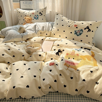 澳梵家居 2025新款小清新全棉印花毛巾绣四件套 奶油小猫