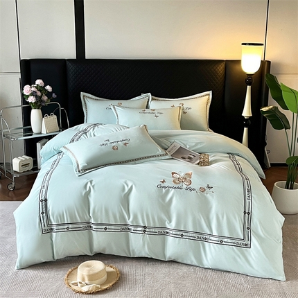 佳宇轩 2025新款亲肤水洗棉刺绣四件套系列 蝶梦-冰晶蓝