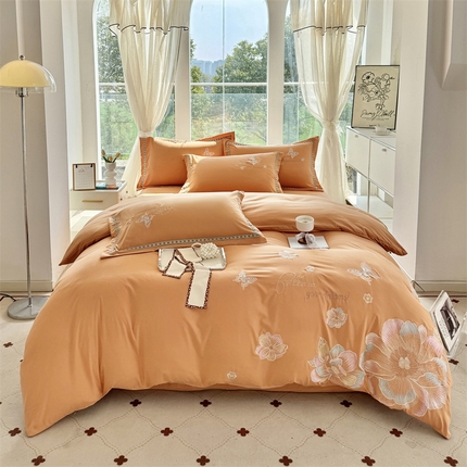 佳宇轩 2025新款亲肤水洗棉刺绣四件套系列 牡丹-橘黄