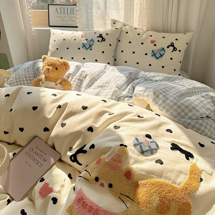 91家纺网 家纺一手货源 找家纺 澳梵家居 2025新款小清新全棉印花毛巾绣四件套 奶油小猫