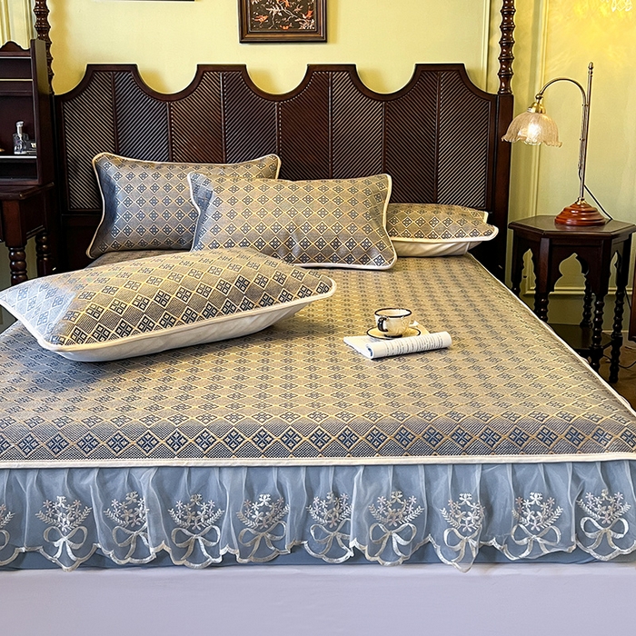 91家纺网 家纺一手货源 找家纺 麒豆豆 2025新款花边床笠款冰藤席-夏之语 花青