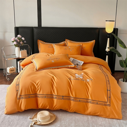 佳宇轩 2025新款亲肤水洗棉刺绣四件套系列 蝶梦-橘黄