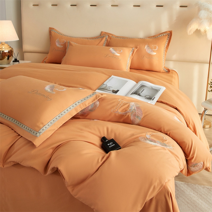 91家纺网 家纺一手货源 找家纺 佳宇轩 2025新款亲肤水洗棉刺绣四件套系列 蜜羽-橘黄