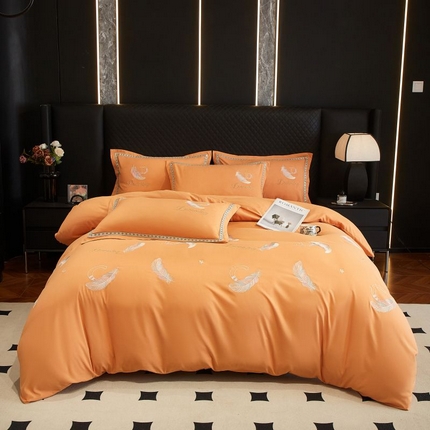 91家纺网 家纺一手货源 找家纺 佳宇轩 2025新款亲肤水洗棉刺绣四件套系列 蜜羽-橘黄