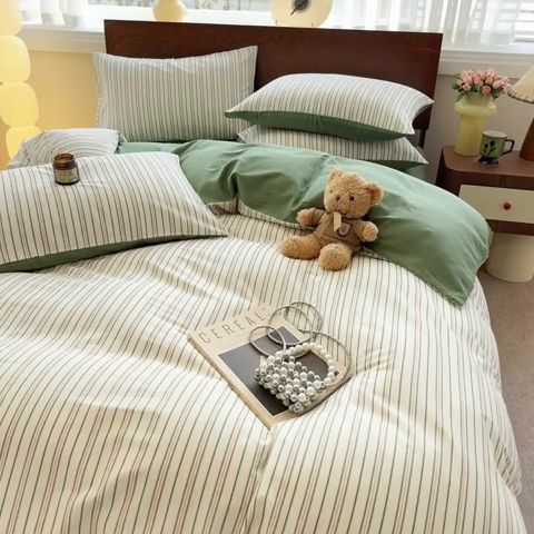 91家纺网 家纺一手货源 找家纺 呗旺鹿 2025新款学生季全棉纯棉40支跑量款巴恩风四件套 柏林绿