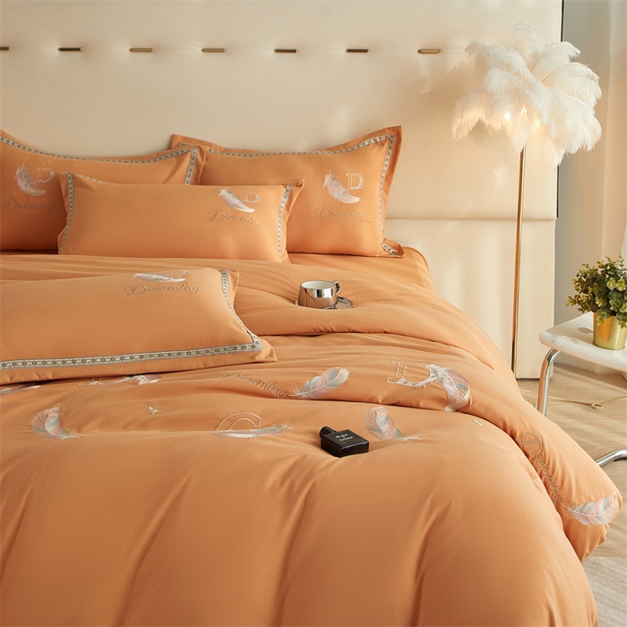 91家纺网 家纺一手货源 找家纺 佳宇轩 2025新款亲肤水洗棉刺绣四件套系列 蜜羽-橘黄