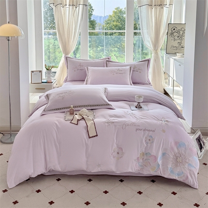 佳宇轩 2025新款亲肤水洗棉刺绣四件套系列 牡丹-粉紫
