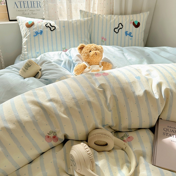 91家纺网 家纺一手货源 找家纺 澳梵家居 2025新款小清新全棉印花毛巾绣四件套 骨头小狗