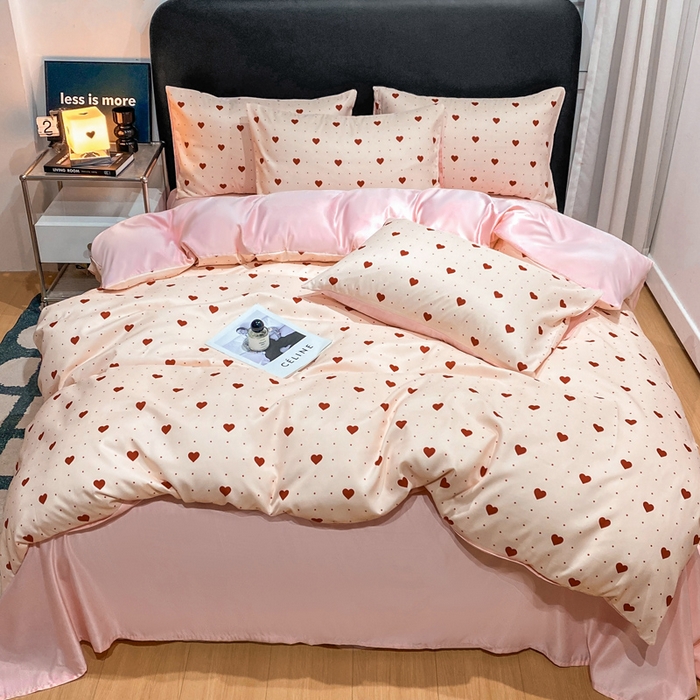 91家纺网 家纺一手货源 找家纺 2025新款爱心系列高克重数码印花水洗真丝四件套 爱心-粉