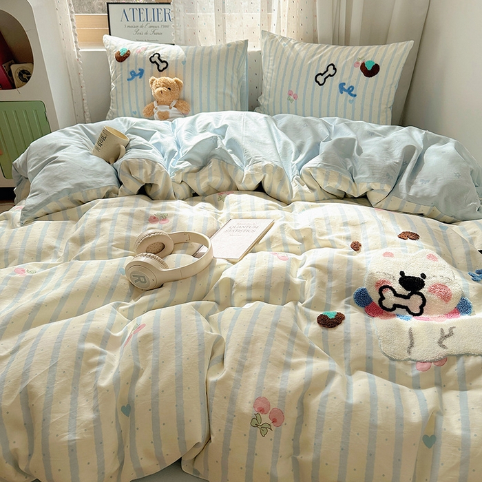 91家纺网 家纺一手货源 找家纺 澳梵家居 2025新款小清新全棉印花毛巾绣四件套 骨头小狗