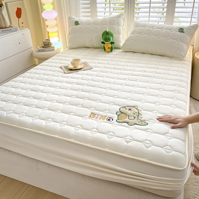 91家纺网 家纺一手货源 找家纺 万盛家纺 2025新款夹棉恐龙刺绣床笠 恐龙-方格  白