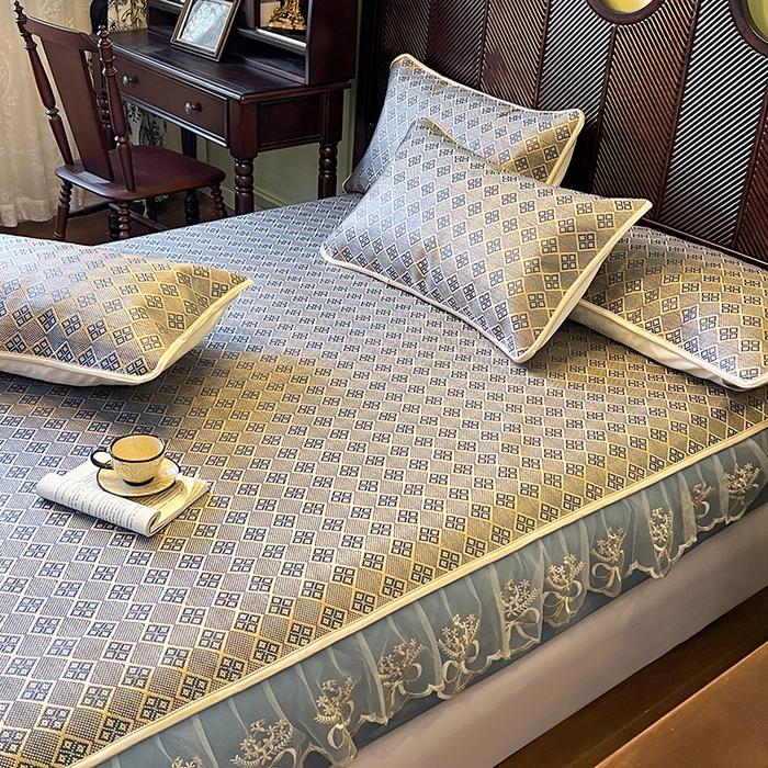 91家纺网 家纺一手货源 找家纺 麒豆豆 2025新款花边床笠款冰藤席-夏之语 花青