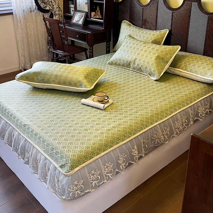 91家纺网 家纺一手货源 找家纺 麒豆豆 2025新款花边床笠款冰藤席-夏之语 葱绿