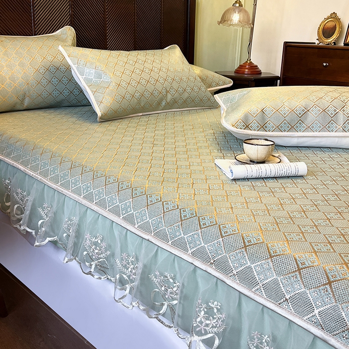 91家纺网 家纺一手货源 找家纺 麒豆豆 2025新款花边床笠款冰藤席-夏之语 豆青