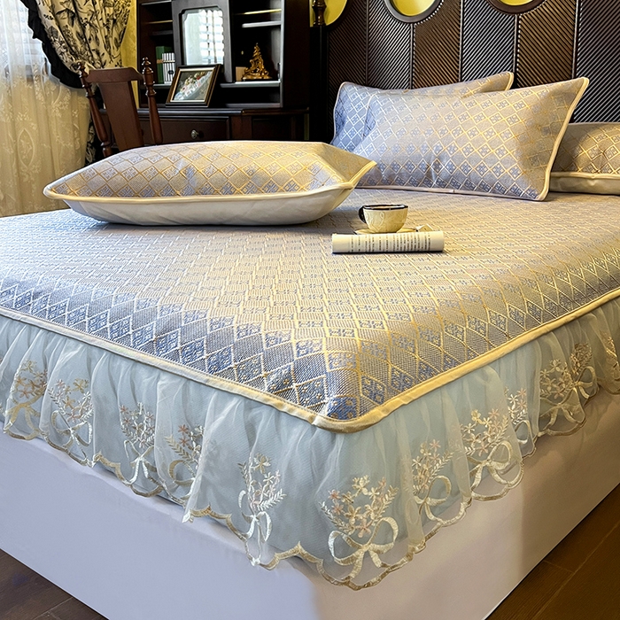 91家纺网 家纺一手货源 找家纺 麒豆豆 2025新款花边床笠款冰藤席-夏之语 烟色