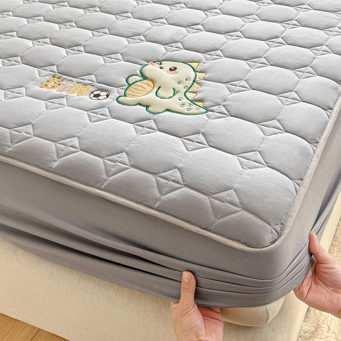 91家纺网 家纺一手货源 找家纺 万盛家纺 2025新款夹棉恐龙刺绣床笠 恐龙-方格 灰