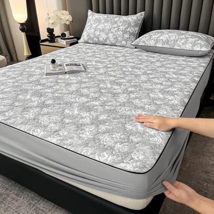 野马寝具跨境电商专供 2025新款潮汐床笠-玫瑰 绽放-玫瑰灰