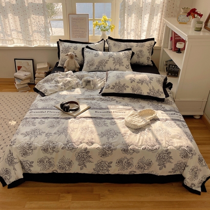 花伞家居 2025新款赫本高级感黑白系列花边夏被四件套 夏被-花蕊