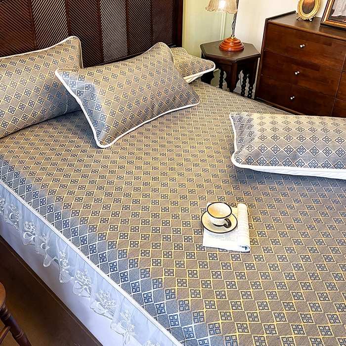 91家纺网 家纺一手货源 找家纺 麒豆豆 2025新款花边床笠款冰藤席-夏之语 花青