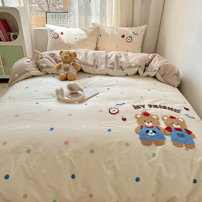 91家纺网 家纺一手货源 找家纺 澳梵家居 2025新款小清新全棉印花毛巾绣四件套 我的小熊朋友