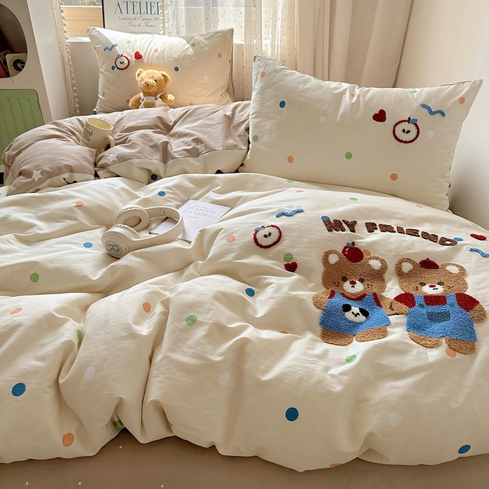 91家纺网 家纺一手货源 找家纺 澳梵家居 2025新款小清新全棉印花毛巾绣四件套 我的小熊朋友